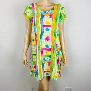 Jams World Whimsical Happy Patchwork Floral Print Artsy Lace Up Women's L Dress